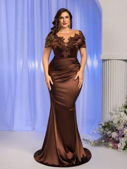 SHEIN Belle Plus Size Summer Elegant Luxury Elegant Coffee Lace Applique Elastic Satin Round Neck Ruched Slim Fishtail Formal Dress With Train Suitable For Wedding Events Bachelorette Party Holiday Dance Date Music Festival Graduation Season Dinner Dress (Heavy Work Model), Formal, Gown, For Evening, Wedding Guest, Valentine's Day Wedding Guest Dress - Elegant Floor Length Gown For Formal Occasion