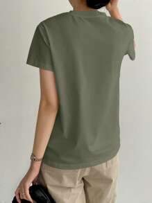 Dazy-Less Kaos Wanita Lengan Pendek Warna Polos Minimalis dengan Detail Garis Patchwork, Gaya Klasik, Kasual Bisnis untuk Wanita - Olive Green - View 3