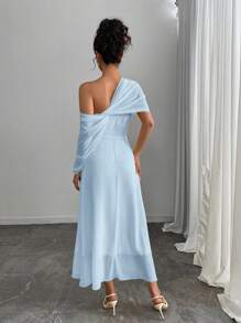 Chiquease Spring/Summer Women Solid Color Elegant Dress With Cape - Baby Blue - View 2
