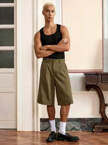 SWAVVY Pantalones cortos verdes anchos de verano con diseño plisado y bordado de unicolor para hombre, para el verano y la escuela