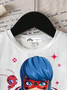 Miraculous Ladybug X SHEIN Young Girl Cartoon Graphic White Round Neck Casual Summer T-Shirt