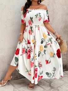 SHEIN Clasi Elegant Commuting, Romantic Vacation Style, Simple Casual Women's Fashion Floral Print, Versatile, Comfortable Fabric Off Shoulder, Chest Shirred Front & Back, Short Sleeve, Spliced Dress Hemline Long Dress, White, Plus Size - White - View 3