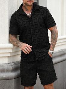 Manfinity Homme 男士两件套：短袖纽扣衬衫配短裤 男士两件套服装 夏季男士两件套服装短套装 男士两件套服装 男士两件套服装短套装 男士两件套服装 - 黑色 - 查看 6