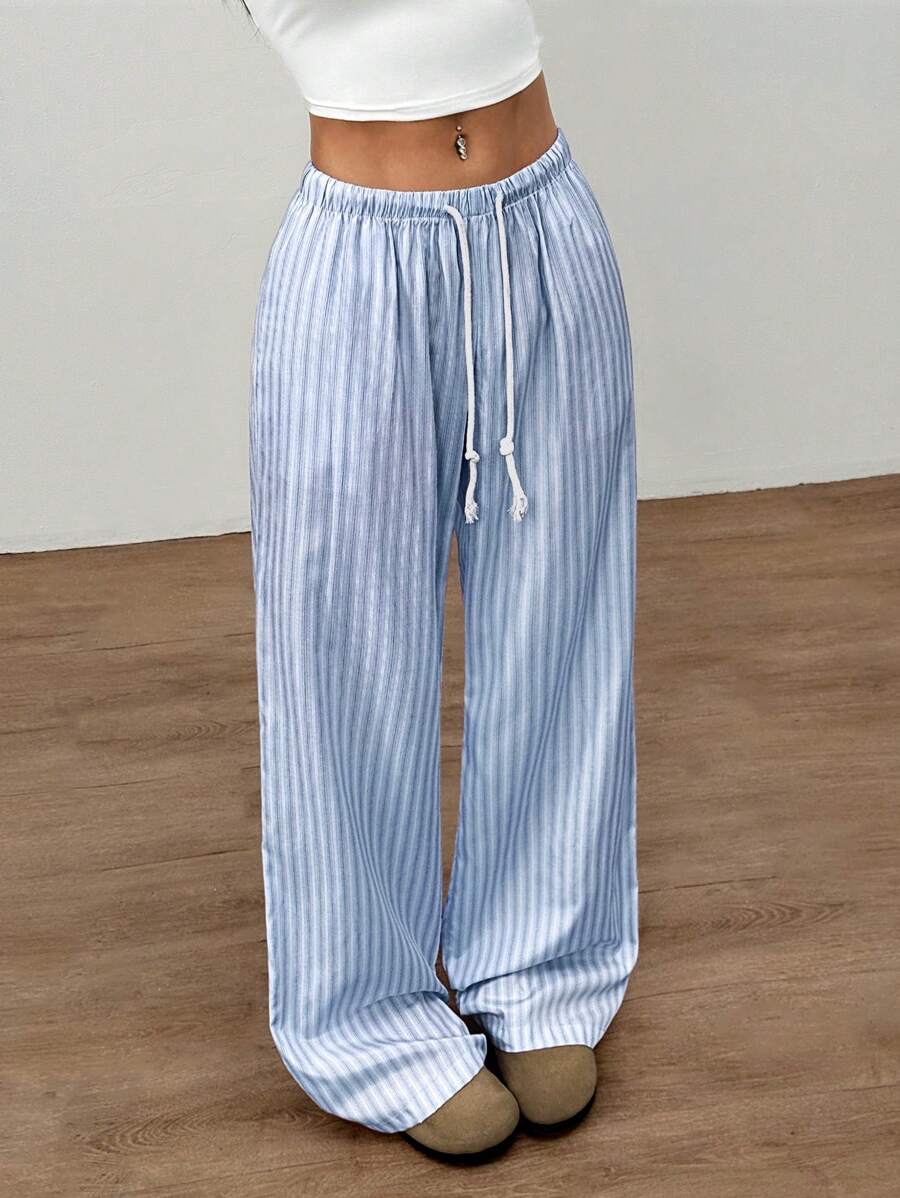 Flirla Women's Minimalist Design Pink Striped Linen Fabric Low Waist Drawstring Tie Pockets Straight Wide Leg Pants, Casual Everyday Wear, Spring/Summer Fall Cloth For Women - Blue - View 1