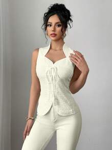 Chiquease Chinese Collar Cinched Waist Front Tie-Up Sleeveless Top, Solid Color, Fashionable For Summer