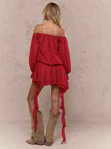 MISSGUIDED Asymmetric Ruffle Long Balloon Sleeves Bardot Mini Dress Cute Sundress