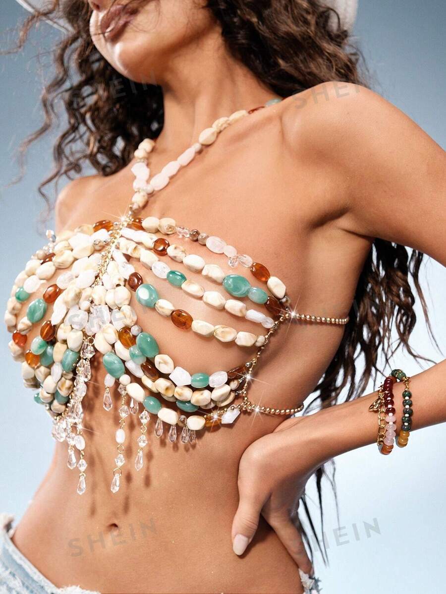 Swim EVENT 1 pieza Collar con cadena de metal hueco con cuentas, Top calada con colgante de perlas y cristal, conjunto de traje de baño sexy