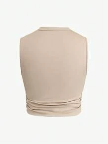 Calvaya 2 pezzi Set di donna casual di taglia grande con top a costine color albicocca con colletto alto e arricciature e pantaloni slim fit color marrone