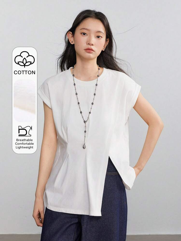 Women's Casual Design Sense Pleated Asymmetric Short Sleeve T-Shirt Summer, Teacher Business Casual Woman Work