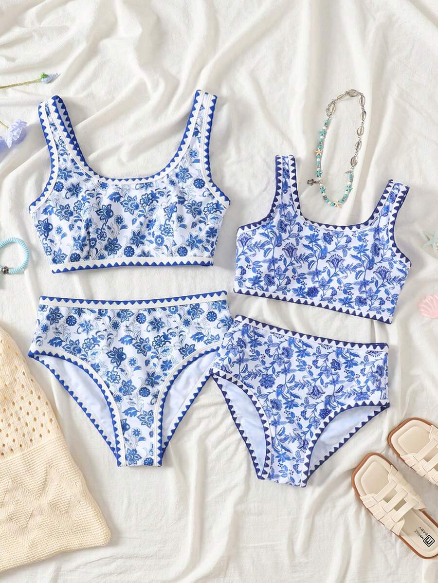 2pcs/Set Tween Girls Printed Tankini Swimsuits, Casual Resort Sports Stylish & Versatile - Multicolor - View 1