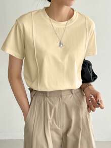 Dazy-Less Camiseta de manga corta para mujer, de unicolor, minimalista, de patchwork a rayas, para un estilo de negocios casuales - Amarillo - Ver 5