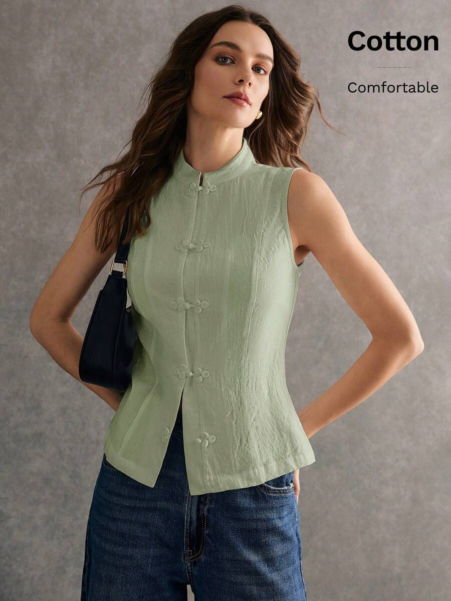 Poéselle Women's Elegant Solid Color Stand Collar Button-Up Camisole - Mint Green - View 1