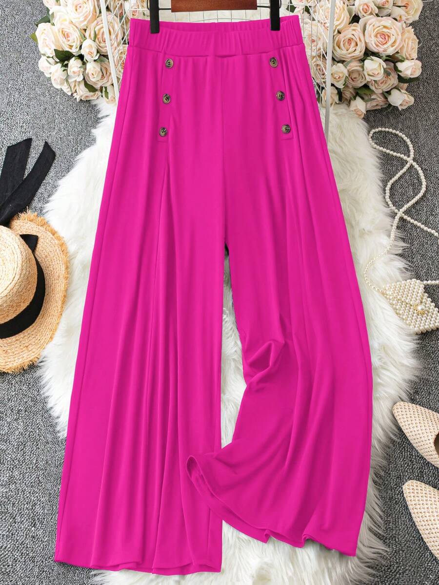 Calvaya Plus Size Casual Versatile Solid Color Wide Leg Pants - Hot Pink - View 1