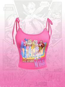 Winx Club X ROMWE Top corto de camisola de verano con gráfico de figura de dibujos animados - Rosa Fucsia - Ver 1