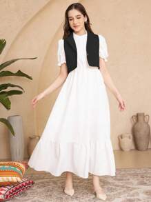 2pcs Teen Girls' Casual Combo - Ruffle Sleeve Long Dress & Vest Set - Black - View 6