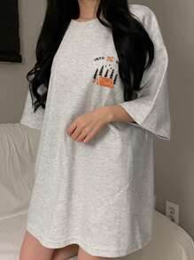 DAZY Camiseta holgada de manga corta y larga con estampado para mujer, camiseta de verano oversize, camisetas gráficas - Gris Claro - Ver 3