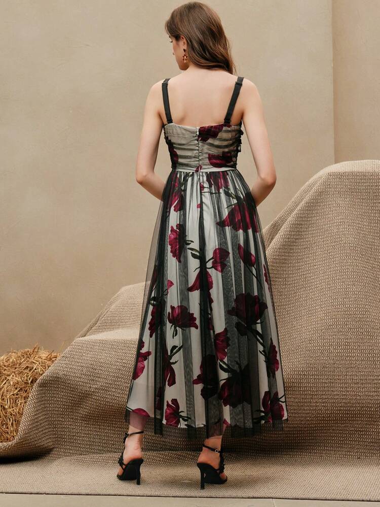 Robe longue d'été pour femme, motif élégant et sexy d'impression de rose de haute qualité. Convient pour l'été, les festivals, les vacances, les sorties élégantes, les sorties en amoureux.