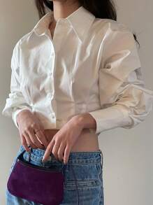 DAZY Women's Solid Color Tie-Waist Cropped Long Sleeve Shirt, White, Spring/Summer/Autumn