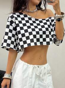 Coolane Camiseta suelta con cuello asimétrico de estilo vintage Y2K a cuadros, para el estilo callejero de verano de las mujeres en festivales de música