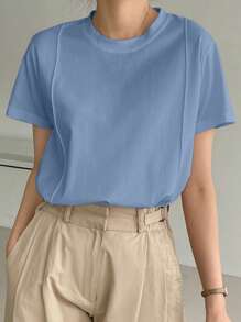 Dazy-Less Solid Seam Detail Tee Old Money Style Business Casual Woman Work Clothes - Blue - View 6
