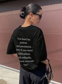 DAZY Slogan Graphic Drop Shoulder Tee You Must Be Patient And Persistent Even If You Meet Difficulties And Setbacks, You Must Overcome Them Summer Oversized T-Shirt - Black - View 4