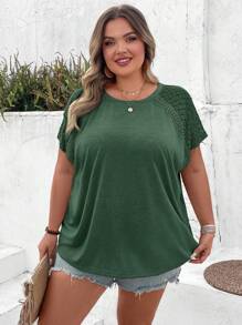 SHEIN CURVE+ Kaos Polos Kasual Ukuran Besar dengan Hiasan Renda, Cocok untuk Musim Panas, Gaya Pedesaan, Liburan Pantai, dan Pakaian Pantai. - Hijau - View 5