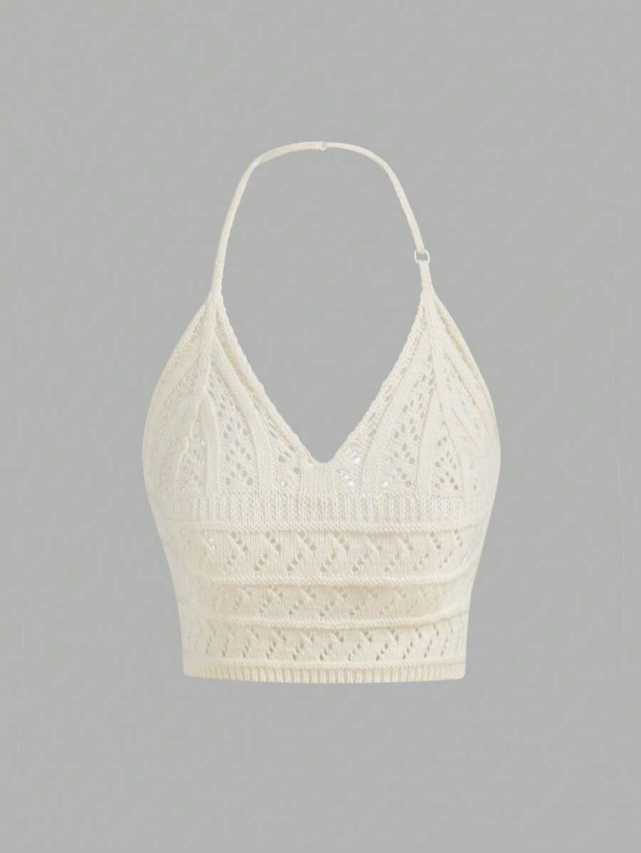 SHEIN Girlism Tween Girl Solid Color V-Neck Halter Knit Top For Music Festival