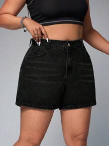 SHEIN ICON Plus Size Women Casual Denim Shorts, Fashionable For Summer - Black - View 3