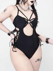 ROMWE Goth 1pc Women's Solid Color Hollow-Out Sexy Backless Monokini Swimsuit, Vacation
