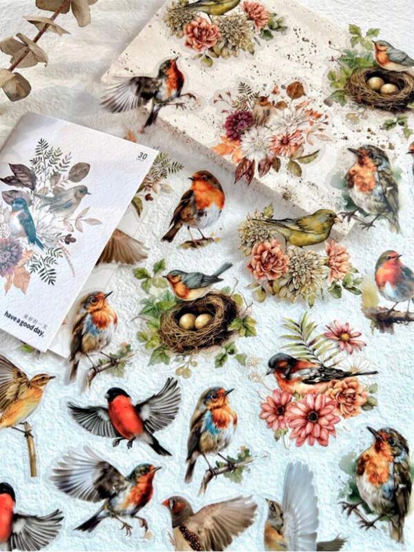 SHEIN 30pcs/Pack Vintage Bird Floral Diy Decoration Stickers For Journals, Diaries, Scrapbooking Back To School