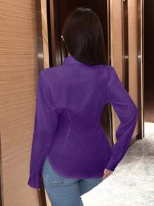 SHEIN LUNE 女士纯色长袖裹身衬衫，春秋女士衬衫 - 紫色 - 查看 2