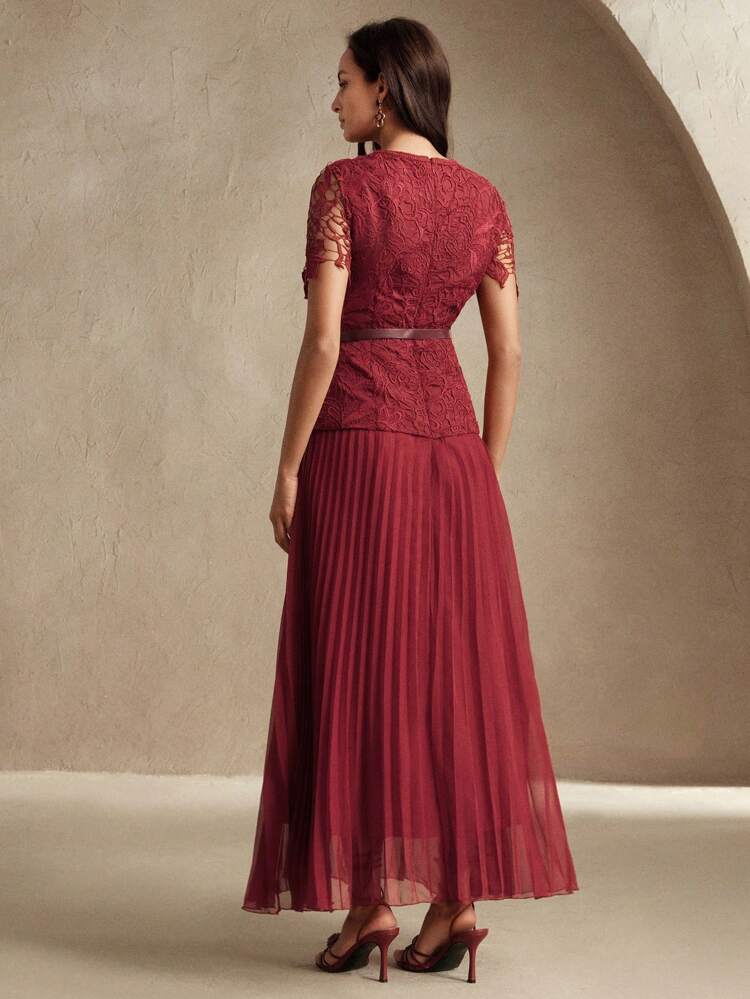Women's Elegant Party/Date Chiffon Short Sleeve Splicing Sheer Lace Waist Band Pleated Dress