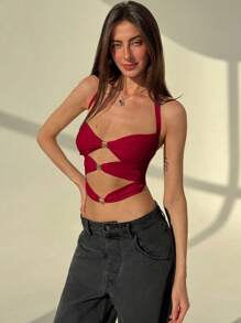 Aloruh 性感露背绑带裹身修身金属装饰多层背心 - 紅色 - 查看 6