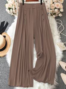 Calvaya Plus Size Women Solid Color Elastic Waist Button Design Loose Wide Leg Casual Pants - Khaki - View 1