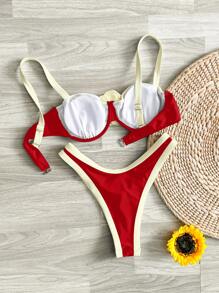 Swim Chiccia Bộ đồ bơi 2 món cho nữ: Áo bikini bandeau họa tiết hoa và miếng chèn tương phản, kết hợp với quần lót cạp cao, Bộ đồ bơi mùa hè gợi cảm - Đỏ - Xem 2