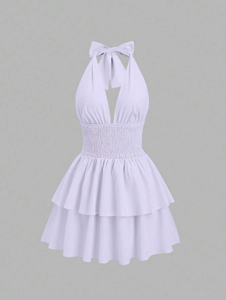 Sweetra 1 chiếc váy midi hở lưng màu trơn thanh lịch, eo cao, hở lưng, trang phục Y2K, váy dự tiệc Giáng sinh - Màu tím Violet - Xem 1