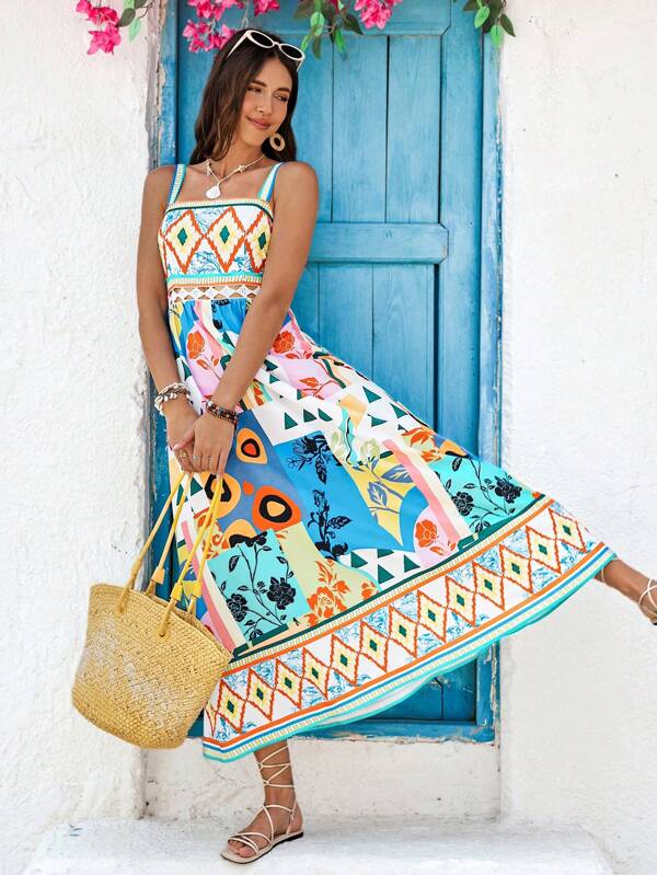 Vivid Eden Women's Boho Midi Dress: Sleeveless Spaghetti Strap Woven Fabric Dress With Ruffle Hem And Multicolor Print,Vacation Style