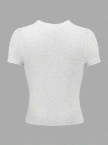 INAWLY Plus Size Women Bow Embroidery Design T-Shirt, Solid Light Gray Fitted Round Neck Tee - Light Grey - View 2