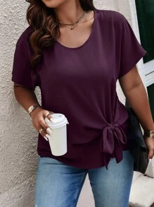 SHEIN LUNE Plus Size Casual Solid Color Short Sleeve Tie Front Shirt, Summer - Purple - View 5