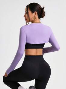 Easithlete Plain Long Sleeve Cropped Fitted Athletic T-Shirt - Mauve Purple - View 2