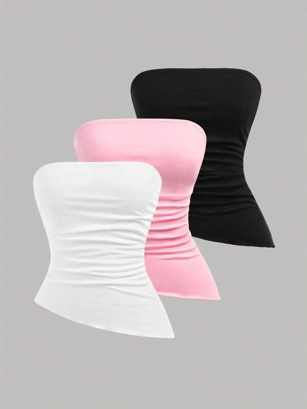 Girlism Juego de 3 piezas para adolescentes con top de tirantes acanalado asimétrico en negro, blanco y rosa - Blusas versátiles y de estilo urbano, compra 1 y llévate 2 gratis