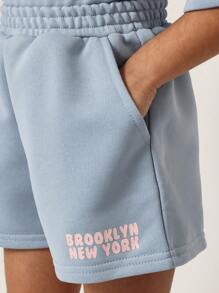SUMWON Girls Summer Two-Piece Set Brooklyn Nyc Print Cropped Sweatshirt Shorts Set Streetwear Casual Athletic Sports Wear Spring Training Set - Dusty Blue - View 7