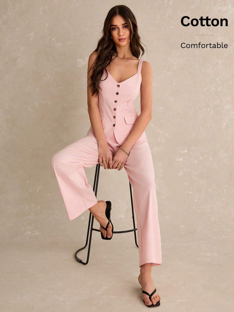 Poéselle 2 件套女士纯色吊带背心和裤子套装，度假两件套，女士度假装，女士 2 件套，简约时尚，女士夏季服装