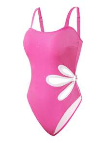 SHEIN Swim Women Textured Shiny Elegant Solid Color Wide Strap Hollow Out Flower One-Piece Swimsuit, Casual Resort Style For Summer Beach Vacation - Hot Pink - View 4