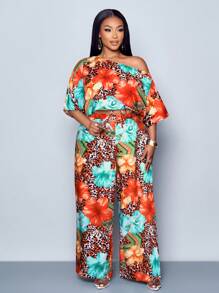 SOLERSUN Women's Elegant Allover Print Asymmetrical Neck Blouse And Pants Set For Everyday Wear Women Outfits - Coral Orange - View 4