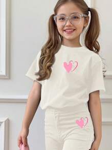 SHEIN Tween Girls Casual Basic Short Sleeve Top And Pants 2 Pieces Set, Suitable For Summer - Beige - View 3