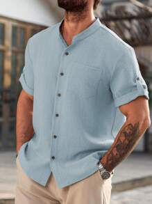 Manfinity Homme Plus Size Men's Solid Color Short Sleeve Single-Breasted Casual/Office Shirt