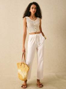 Poéselle Pantalones largos sencillos y básicos para mujer con bordado de patrón de ojo, pantalones blancos de verano, pantalones tipo zanahoria, un esencial chic sin esfuerzo