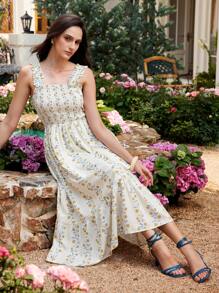 Chiquease Vestito midi con stampa floreale senza maniche, con volant, stile casual da resort per le donne
