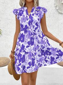 Breezaya Vacation Casual Floral All Over Print Cap Sleeve Dress - Purple - View 6